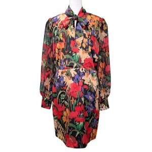 Marciano‎ Guess Floral Open Back Sheer Sleeve Pussybow Evening Elegant Dress L